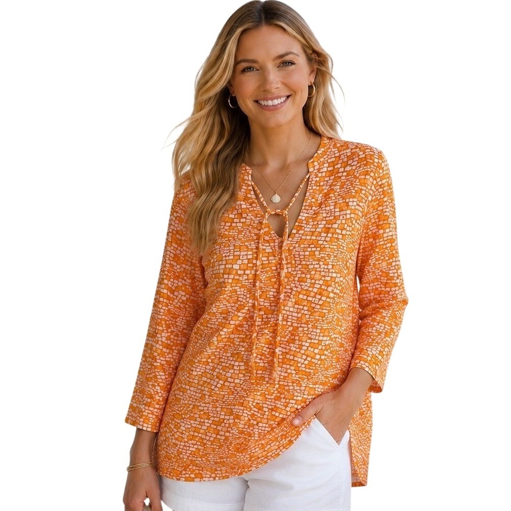 J McLaughlin Orange White Geometric Mosaic Tile Tunic Top Small Coastal Preppy